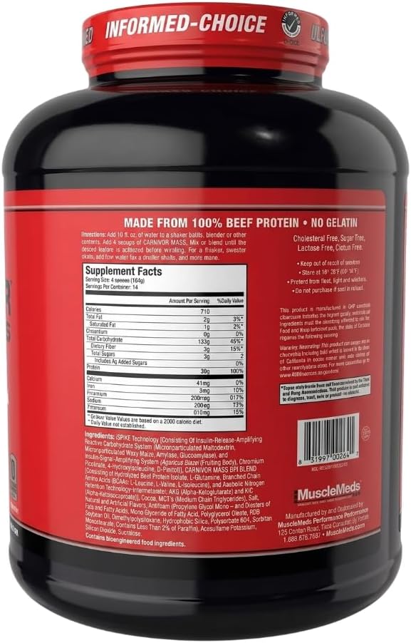 MuscleMeds CARNIVOR Mass Gainer Beef Protein Isolate Shake, 50 Grams Protein, 125 Grams Carbs, 0 Fat, 0 Sugar, Lactose Free, Halal Certified, Chocolate Peanut Butter, 6 Pound