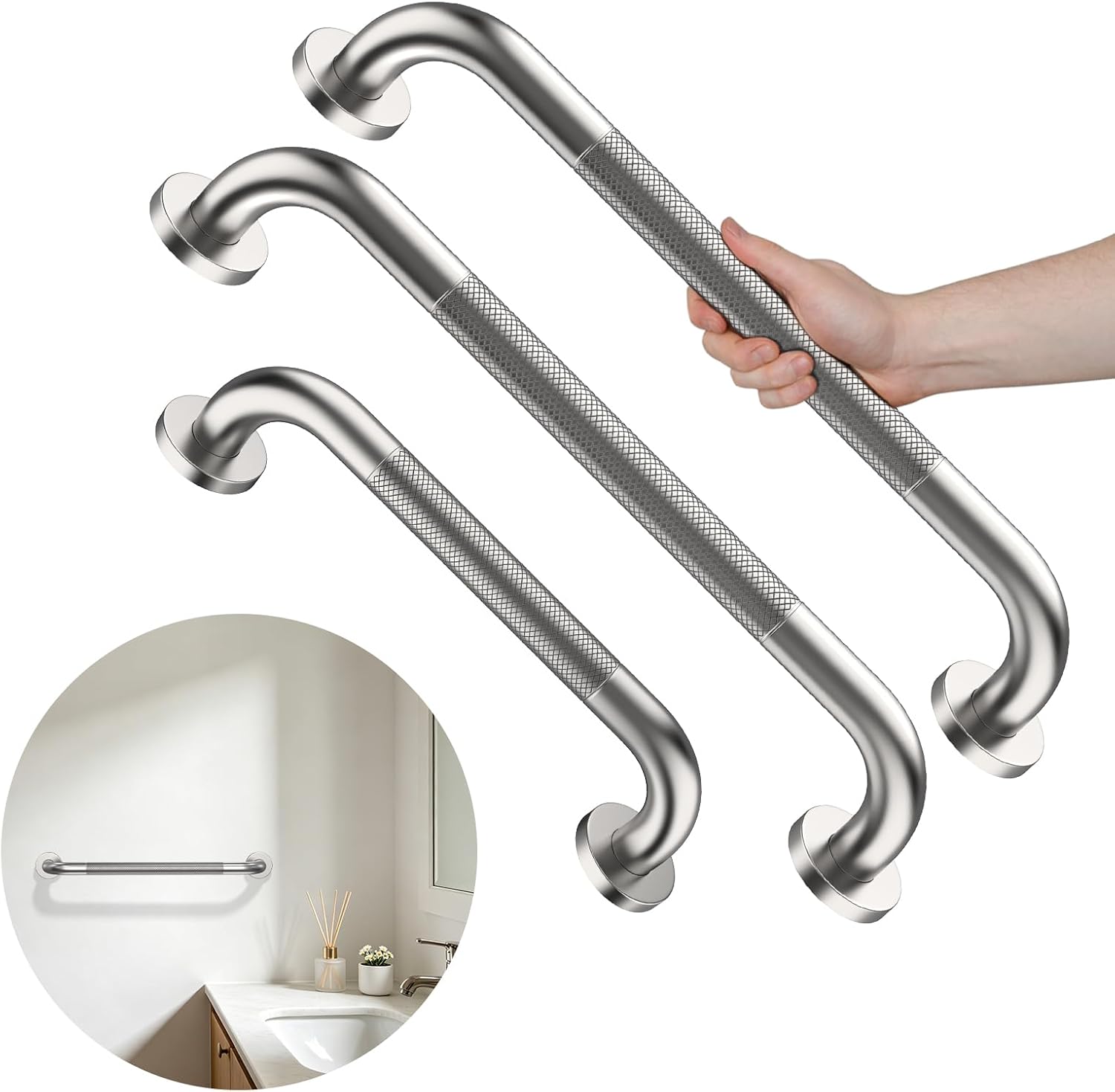 Munzong 3 Pack Commercial Handicap Grab Bars 18" 36" 42" Brushed Nickel | Bathroom Grab Bar for Shower 1.25" Diameter Anti Slip Bathroom Balance Bar Safety Hand Rail for Elderly Injury Senior