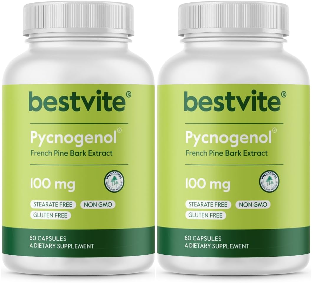 BESTVITE Pycnogenol 100mg (60 Caps) - French Maritime Pine Bark Extract | No Stearates - Gluten Free - Non GMO - Scientifically Studied - Healthy Aging Supplement* - Easy to Swallow Caps