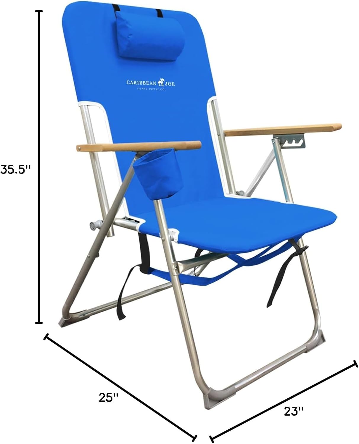 CARIBBEAN JOE Folding Beach Chair, 4 Position Portable Backpack Foldable Camping Chair with Headrest, Cup Holder, and Wooden Armrests