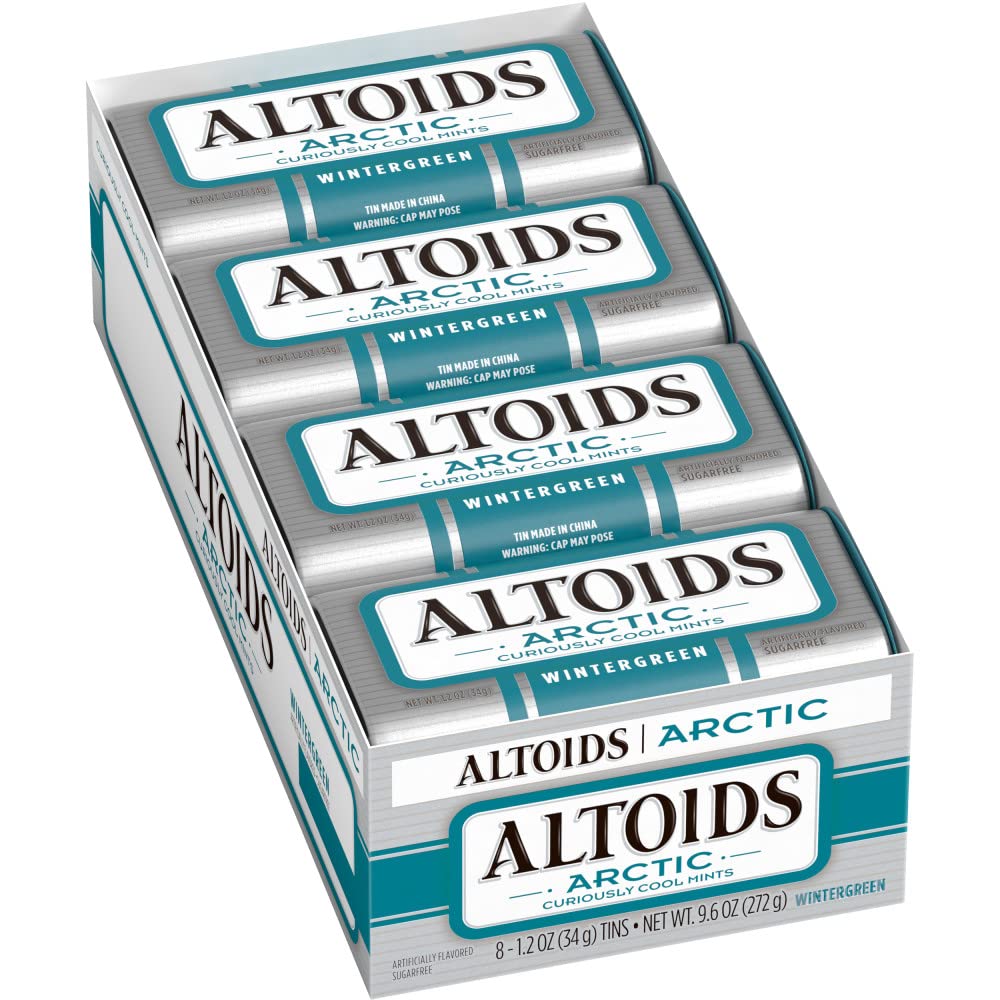 ALTOIDS Arctic Wintergreen Breath Mints Sugar Free Hard Candy Bulk, 1.2 oz Tin (8 Pack)