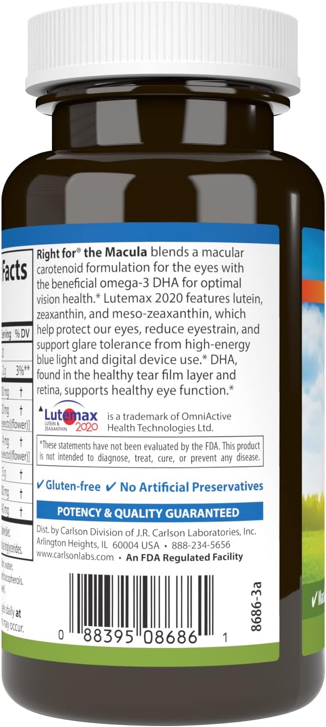 Carlson Right for The Macula, Made with Lutemax 2020, 60 Softgels | Clinically Proven to Support Vision Health, Macular Health, Blue Light Protection