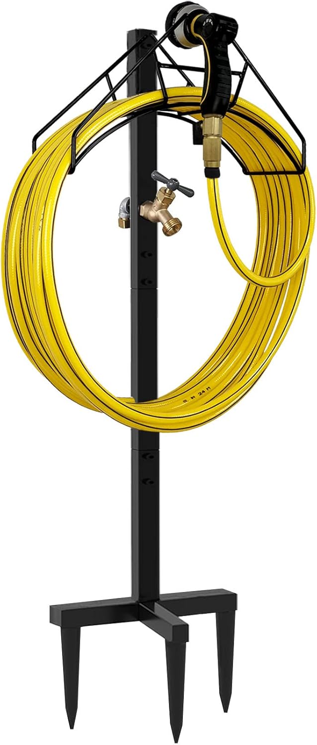Artigarden Freestanding Garden Hose Holder Hanger, Heavy Duty Metal Water Hose Reel Storage Stand Rack for Yard Lawn, Bright Black (Hose not Included)