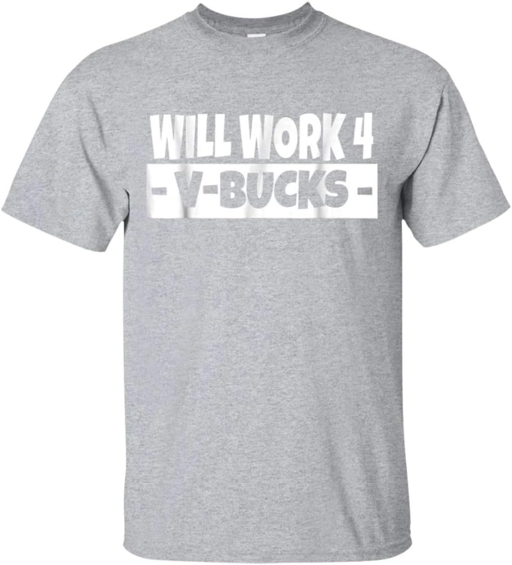 Will Work for V-Bucks Cool Gamer T-Shirt (Large, Youth Grey)