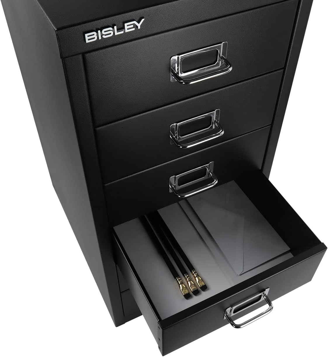 5-Drawer Steel MultiDrawer Cabinet - Orange, by Bisley | Chrome Pull Handles with Label Holders, Powder-Coated Steel, Removable Drawers, Desktop Storage, Labels Included