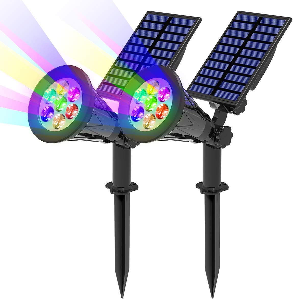 T-SUN Color Changing Solar Spot Lights Outdoor Waterproof, 7 LEDs, 2 Pack | 7 Color Changing Modes, IP65 Waterproof Dusk to Dawn Solar Uplights for Tree, Patio, Yard, Garden, Driveway, Pool Area
