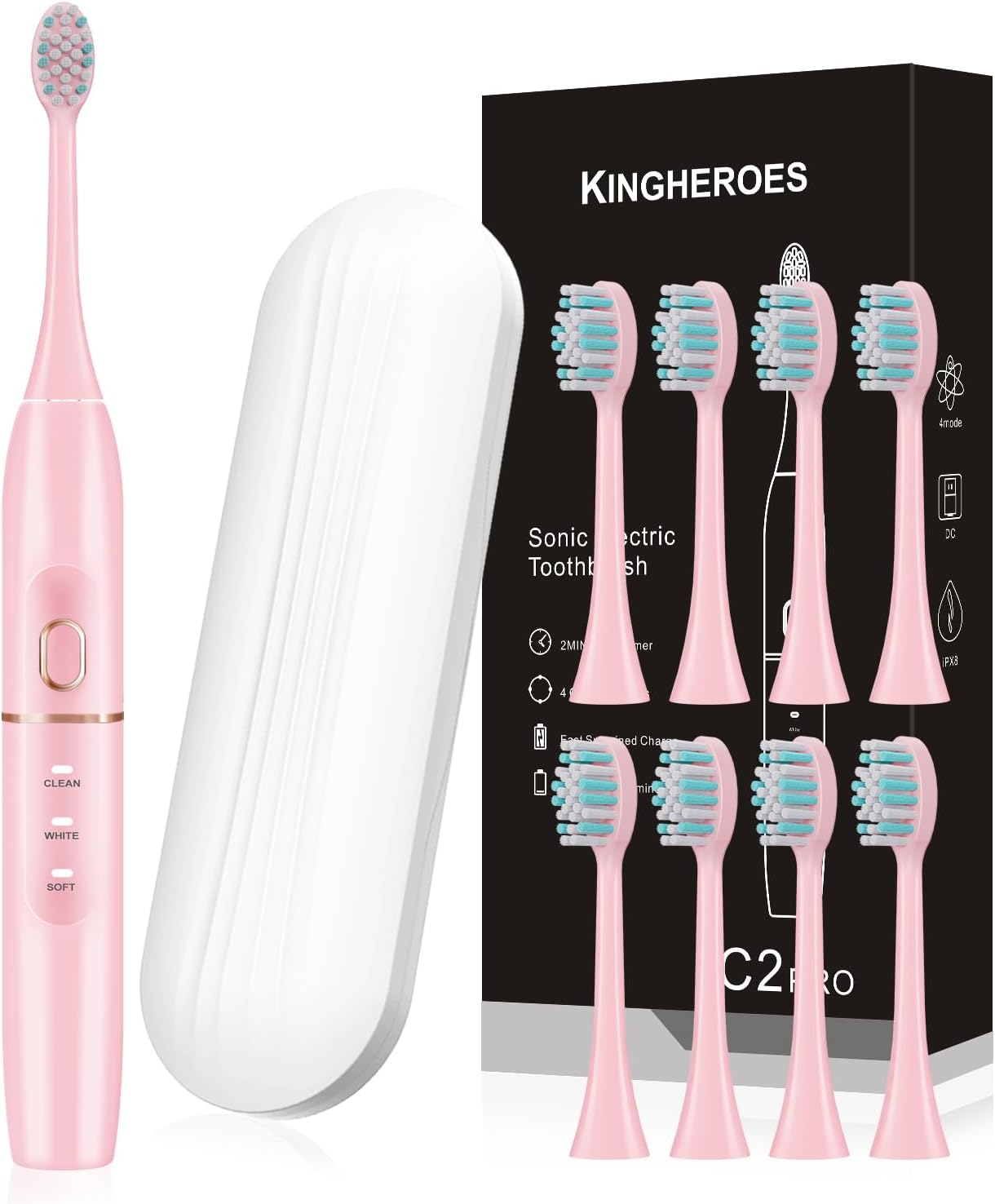 kingheroes Electric Toothbrush Set, Comes with 8 Brush Heads & Travel Case, 4 Modes with 2 Minutes Built in Smart Timer, One Charge for 60 Days