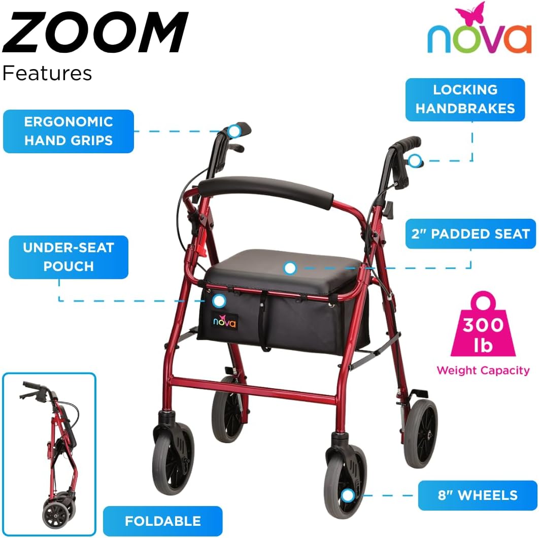 NOVA Zoom 22 Rollator Walker for Seniors, Rolling Walker with Locking Hand Brakes, Padded Seat & 8" Wheels, Lock N Load for Easy Transport & Storage, Adjustable Height 5'5"–6'1", Red