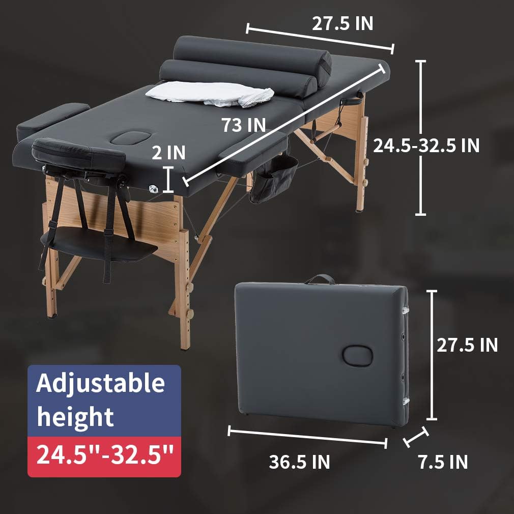 BestMassage Massage Bed Portable Massage Table 28 inch Wide Lash Bed Height Adjustable 2 Folding Spa Table with Towel Hanger Oil Pouch Half Bolster Round Bolster Non-Woven Bag