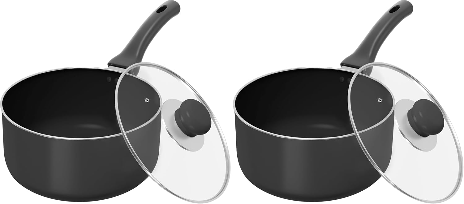 Utopia Kitchen Saucepan 2 QT Detachable Handle with Lid Grey Black | Glass Lid, Multipurpose Use, Home Kitchen and Restaurant, Nonstick Coating, Durable