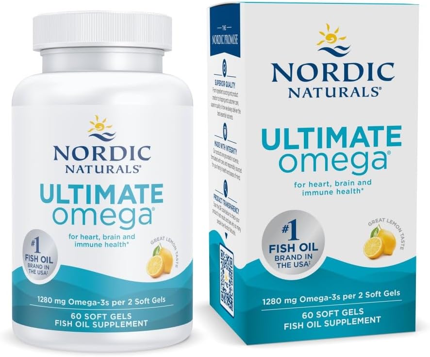 Nordic Naturals Ultimate Omega, 1280mg Omega-3 Fish Oil, Lemon - 60 Count | High-potency Omega-3 Fish Oil with EPA & DHA supports brain & heart health. Non-GMO, burpless formula. 30 servings.