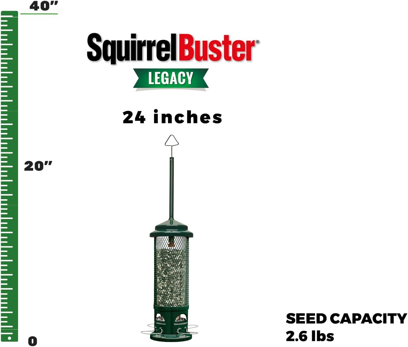 Squirrel Buster Legacy Squirrel-Proof Bird Feeder for Wild Birds – 4 Metal Removable Perches, 2.6 lb Seed Capacity, Chew-Proof Design, Easy to Clean, Green | Four removable metal perches, chew-proof construction, tool-free cleaning