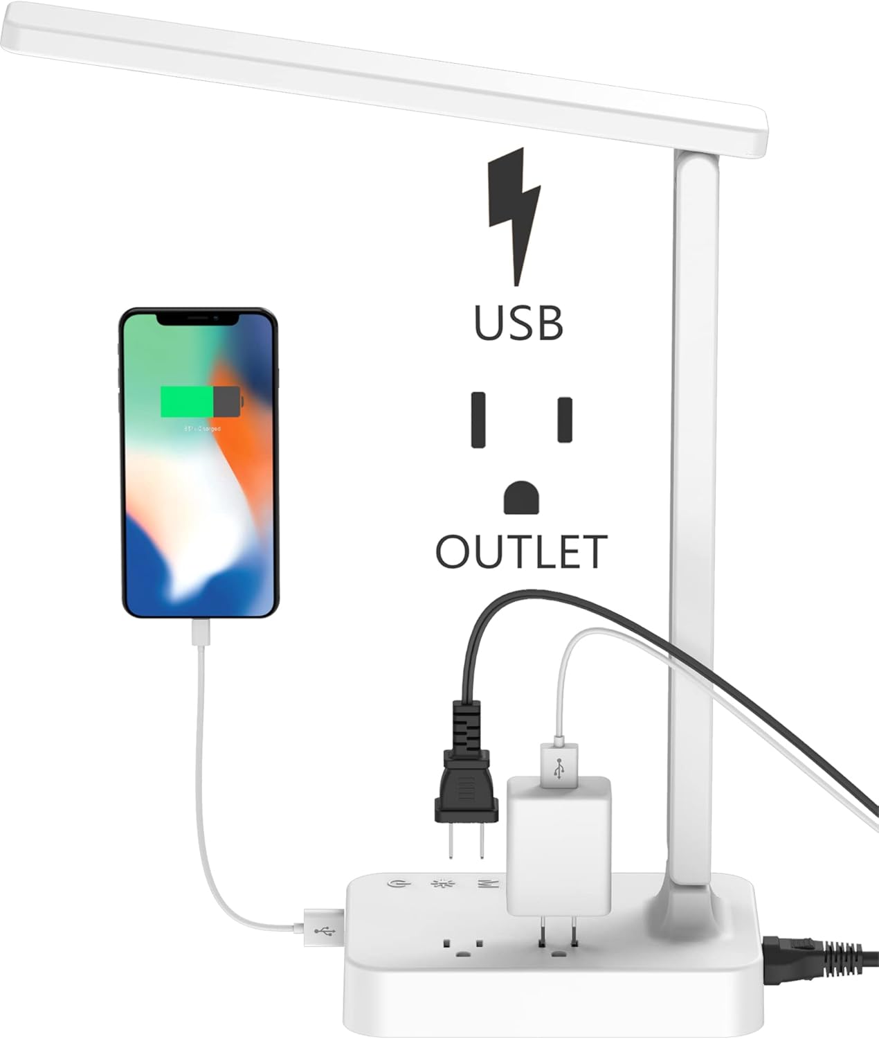 Drevet LED Desk Lamp for College Dorm Room, Desk Light with 1 USB Charging Port 2 AC Power Outlet, 3 Lighting Modes, 3 Level Brightness Touch Lamp