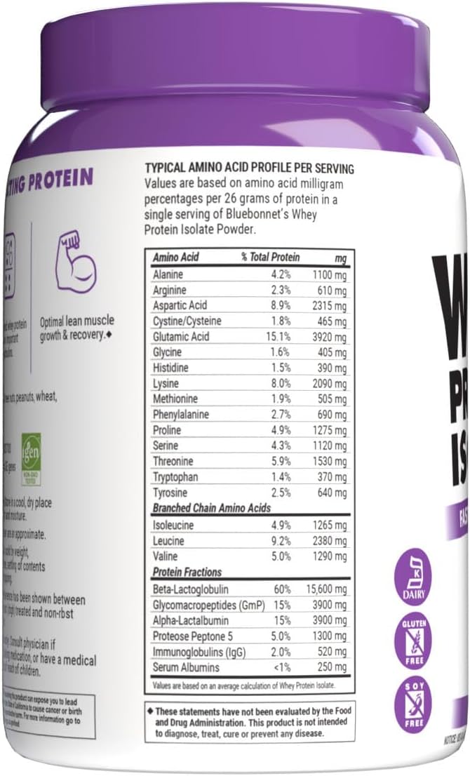 Bluebonnet Nutrition Whey Protein Isolate Powder, Whey from Grass Fed Cows, 26 Grams of Protein, No Sugar Added, Gluten Free, Soy Free, Kosher Dairy, 2.2 lbs, 32 Servings, Original Unflavored | Kosher