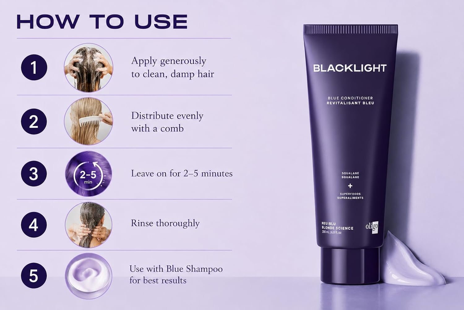 Oligo Professionnel - Blacklight Blue Conditioner for blondes - Vegan - Eliminate Brassy tones - Refresh faded highlights - Argan oil - Hydrating Formula - 8.5oz