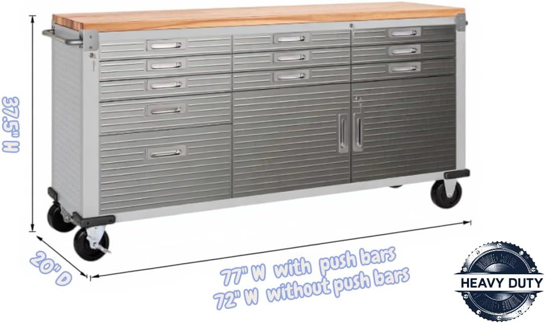 Heavy-Duty Rolling Workbench with Drawers and Cabinet, 77" W x 20" D x 37.5" H, (Red, 11 Drawer)