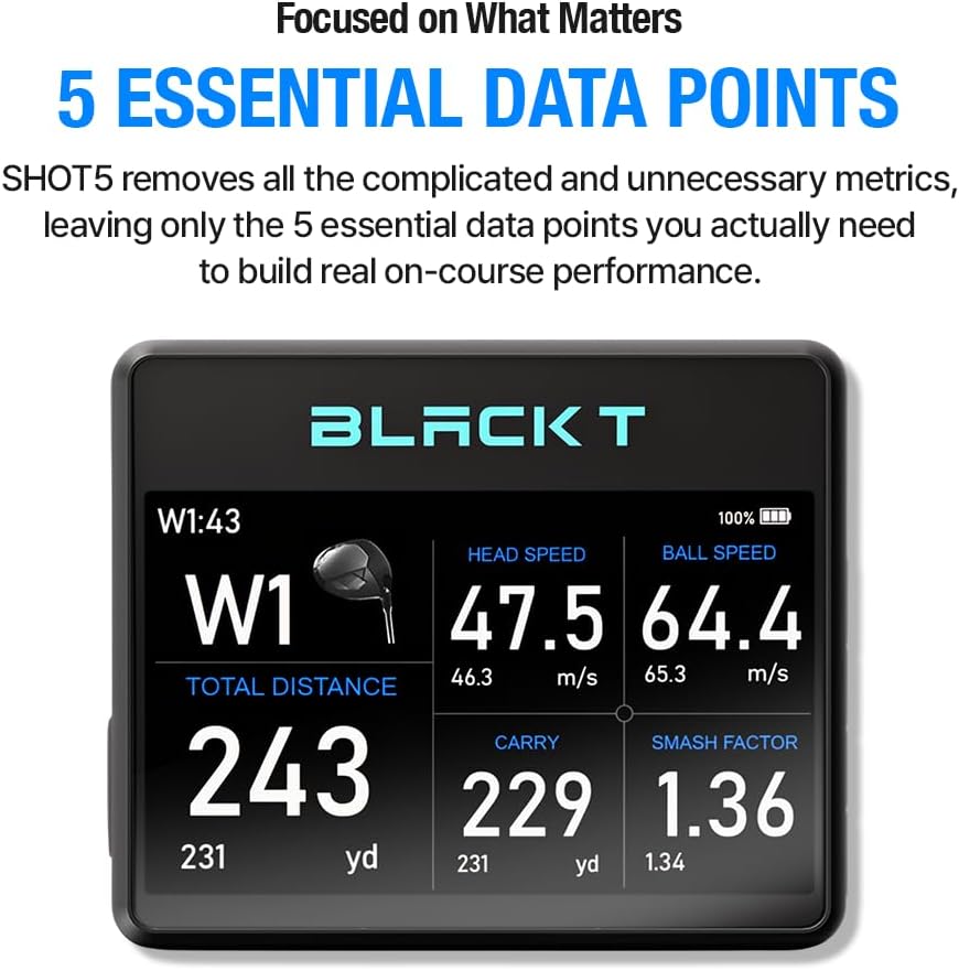 BLACK T SHOT5 Golf Launch Monitor Portable Doppler Radar Swing Speed Trainer with Ball Speed, Club Head Speed, Smash Factor & Distance Tracking