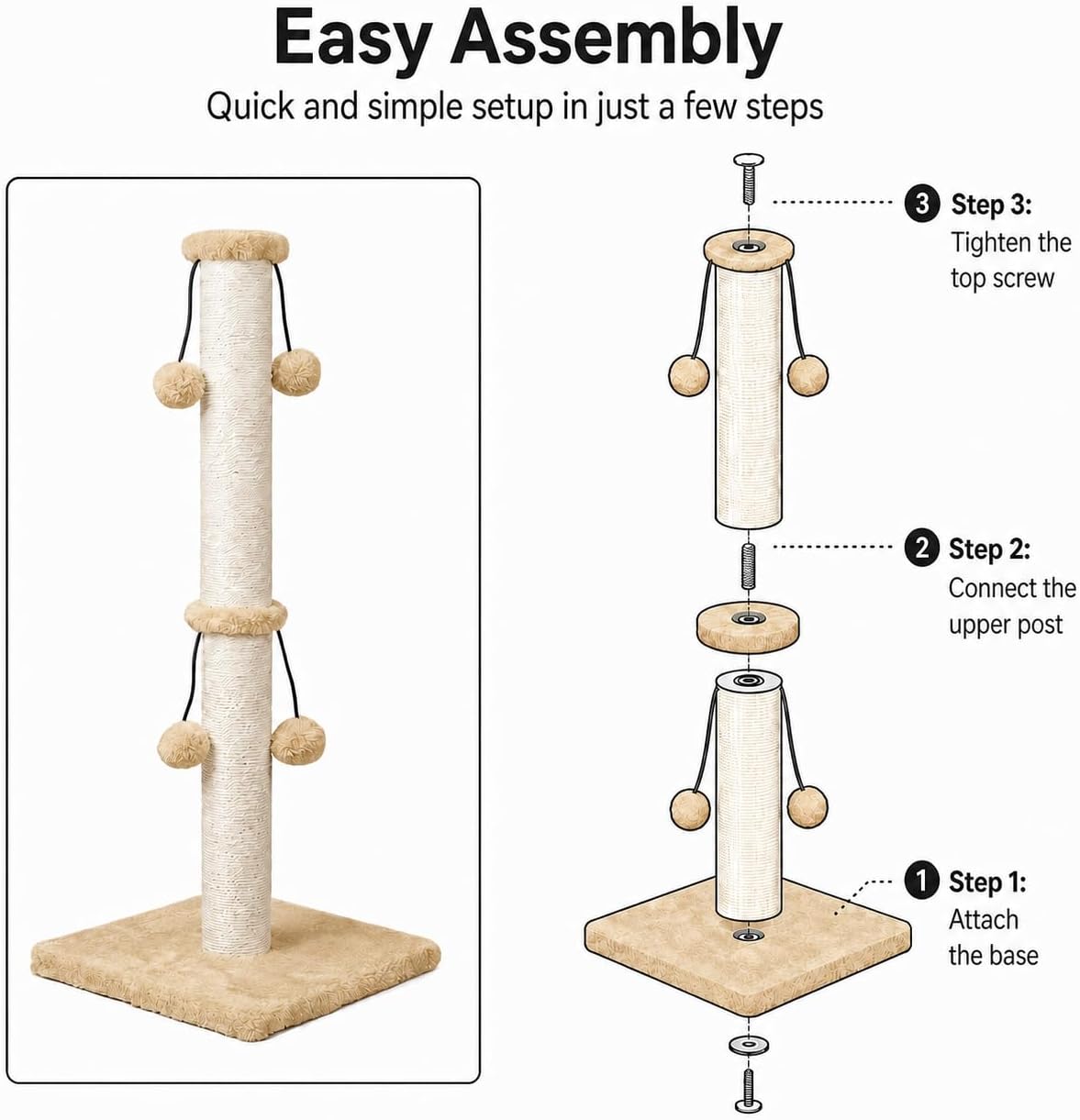 Dimaka 29'' Cat Scratching Post, Natural Sisal Rope Scratcher Post, Kitten Claw Scratch with 4 DanglingToy Balls for Large Cats (Grey)