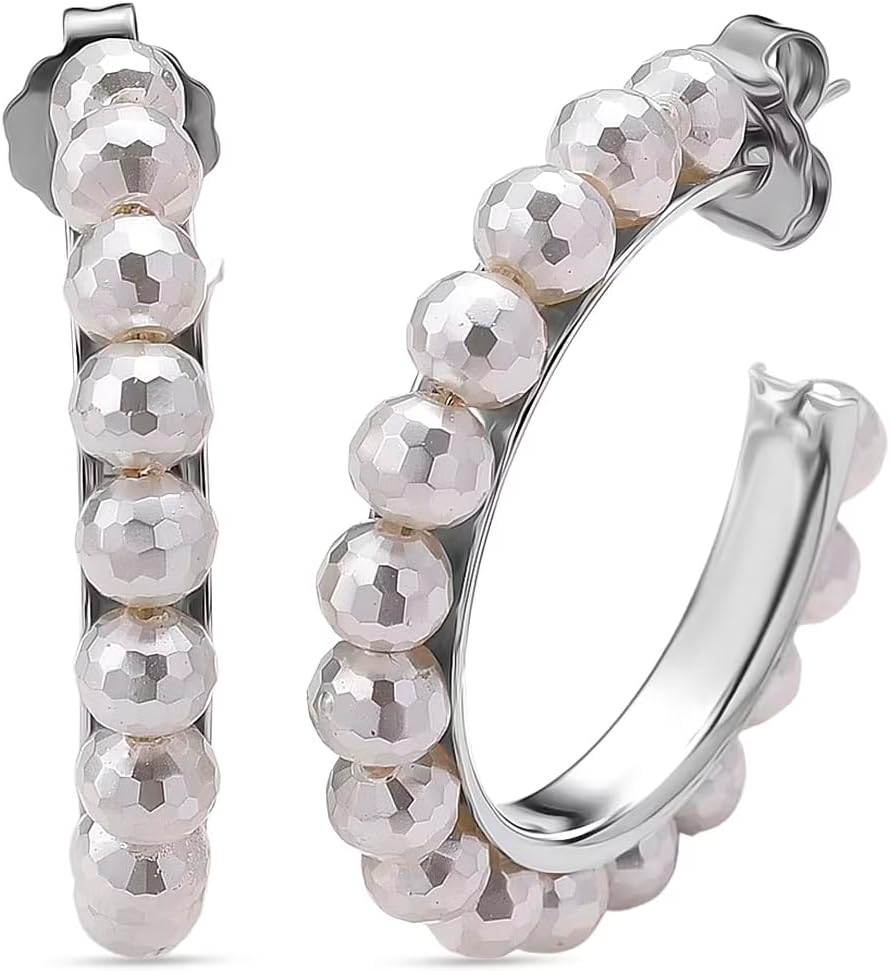Shop LC Faceted White Shell Pearl Hoop Earrings in Stainless Steel