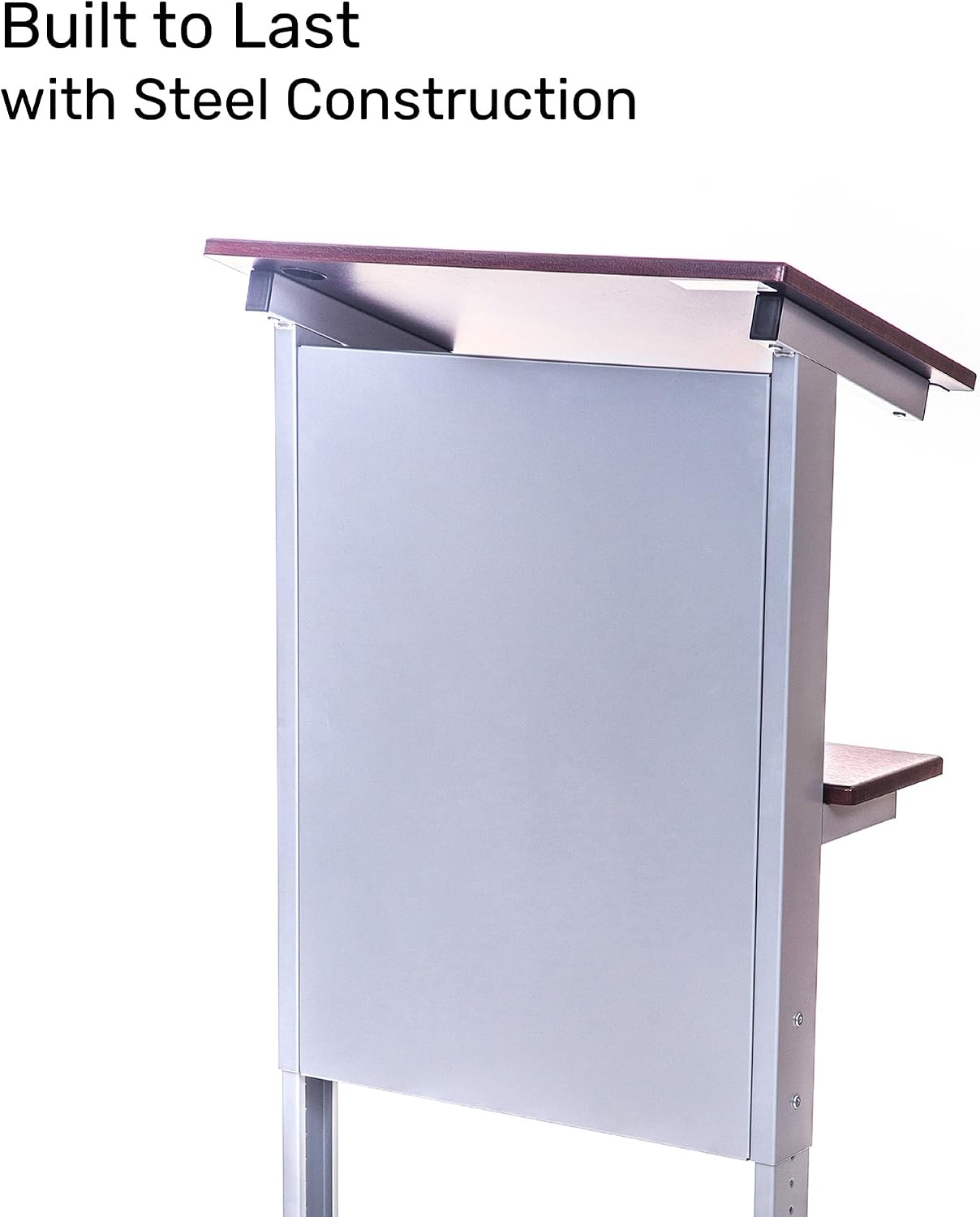 Stand Up Adjustable Height Lectern Podium | Rolling Desk with Storage Shelf | Ergonomic Standing Desk Frame for Office, Classroom, Laptop, Teaching, Presentations & More (Dark Walnut)