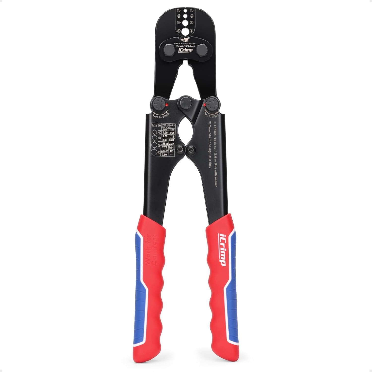 iCrimp IWS-1608M4 Wire Rope Crimper 3/64" to 1/8" 4 Dies | High carbon steel swaging tool for aluminum oval, double-barrel & annealed copper sleeves; ideal for railing, cable & fishing