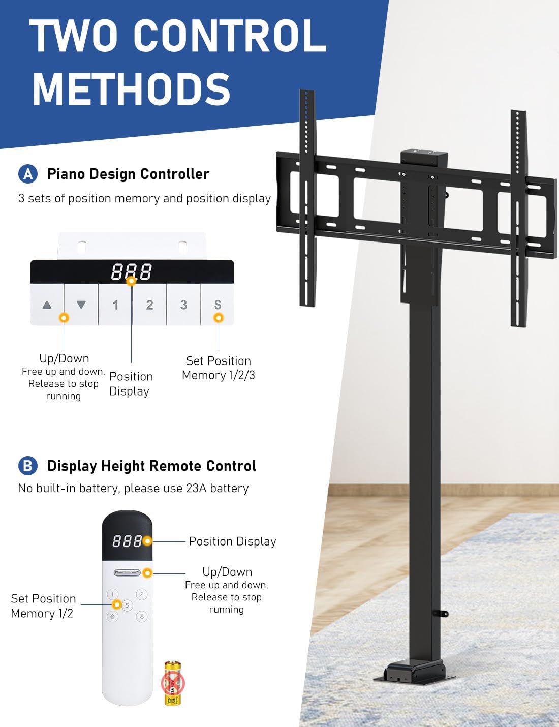 DIHOOL Motorized TV Lift for 85″ - 100″Giant Screen TVs, Pop Up Vertical TV Stand with Remote Control and Obstacle Detection, 59″ Stroke