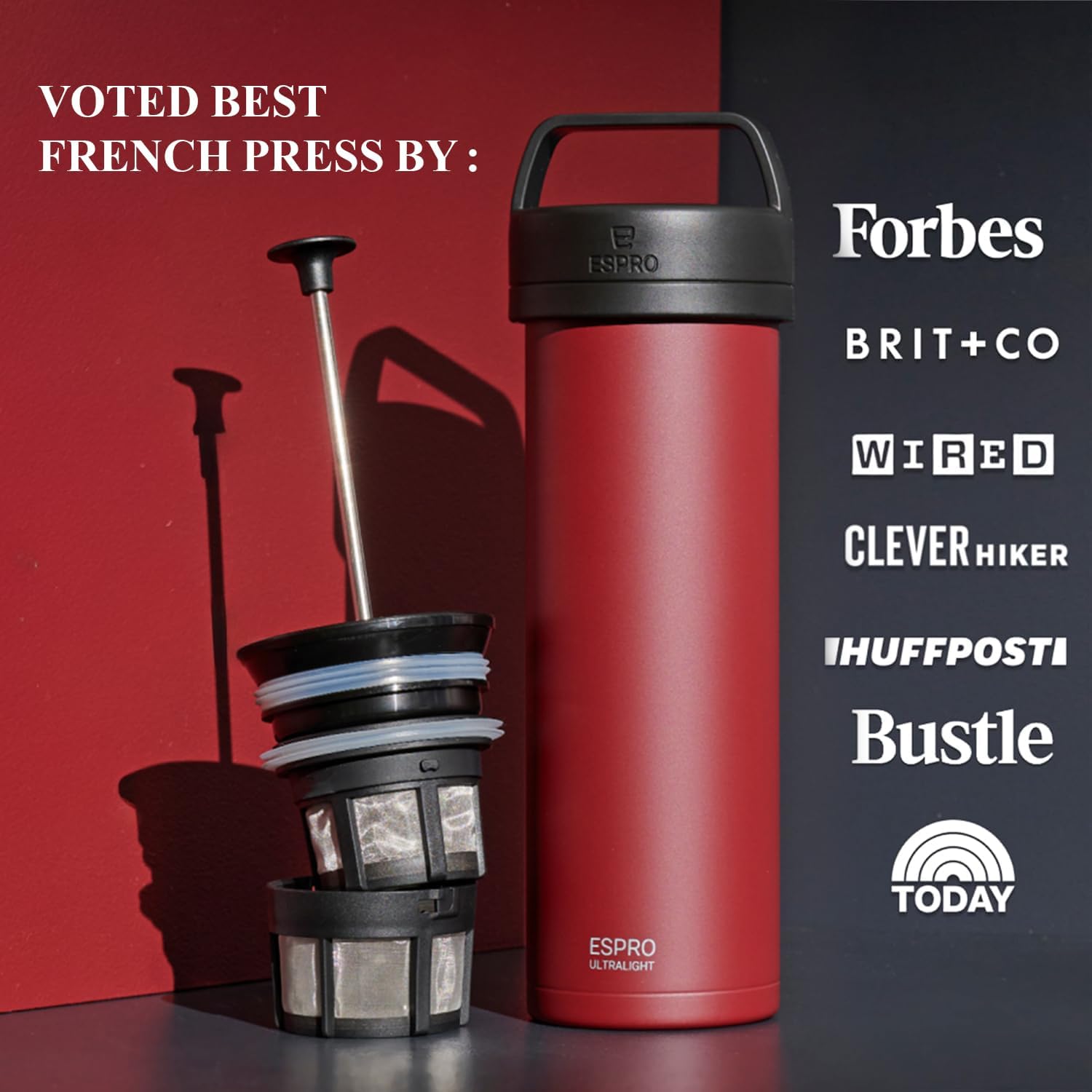 ESPRO Go P0 Ultralight French Press Coffee Maker for Travel, Vacuum Insulated Stainless Steel, 16 Ounces, Matte Meteorite Black