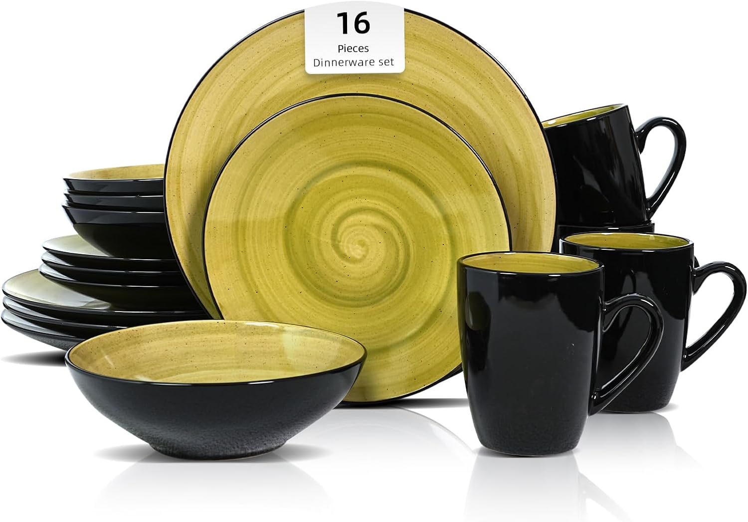 HomeVss, Sonoma Stoneware Dinnerware Set, Outside Black + Inside Hand Painting Color (16pc Set, Grey)