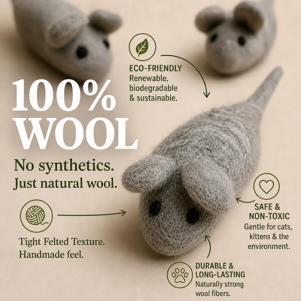 Cat Mouse Toy - 3 Felted Wool Mouse Toys Without Catnip for Indoor Cats and Kittens - Large Handmade Mice