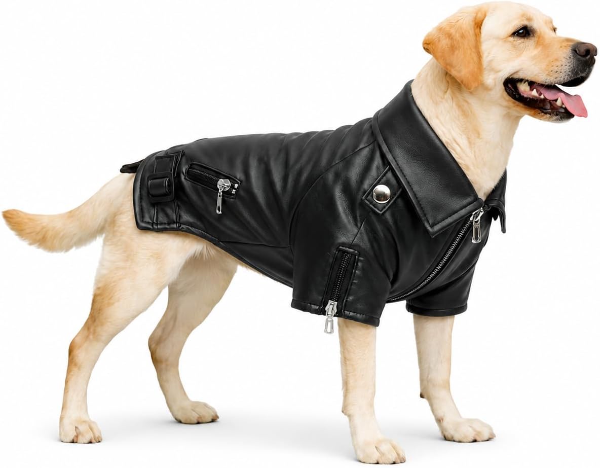 Lovelonglong Cool Dog Leather Jacket, Warm Coats Dogs Windproof Cold Weather Coats for Large Medium Small Dogs with Eagle Embroidery Black XS