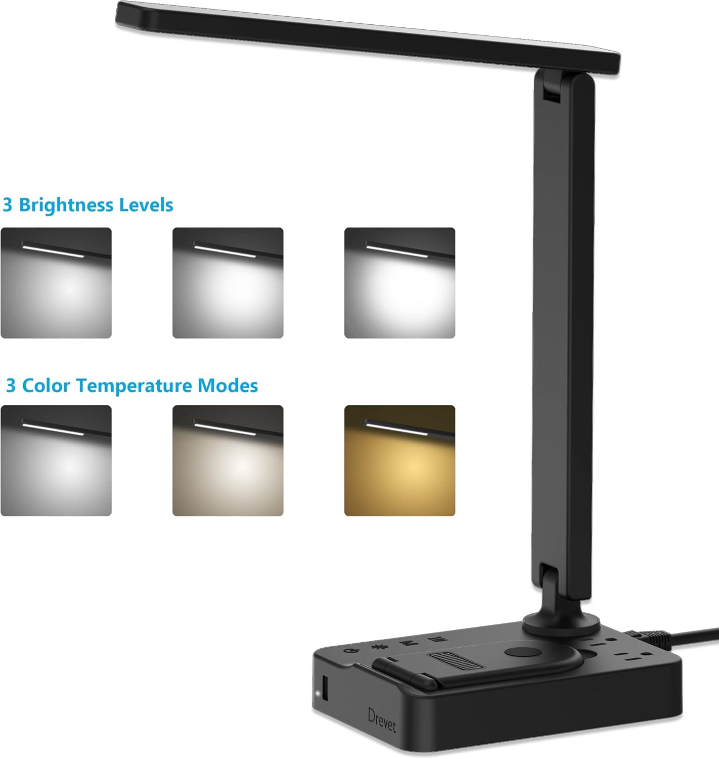Drevet LED Desk Lamp for College Dorm Room, Desk Light with 1 USB Charging Port 2 AC Power Outlet, 3 Lighting Modes, 3 Level Brightness Touch Lamp