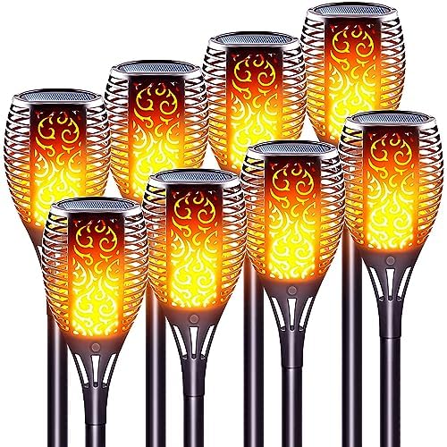 Large Size Solar Torch Light with Flickering Flame, 8 Pack | Fire Effect Garden Lights Outdoor, IP65 Waterproof Tiki Torches, Auto On/Off