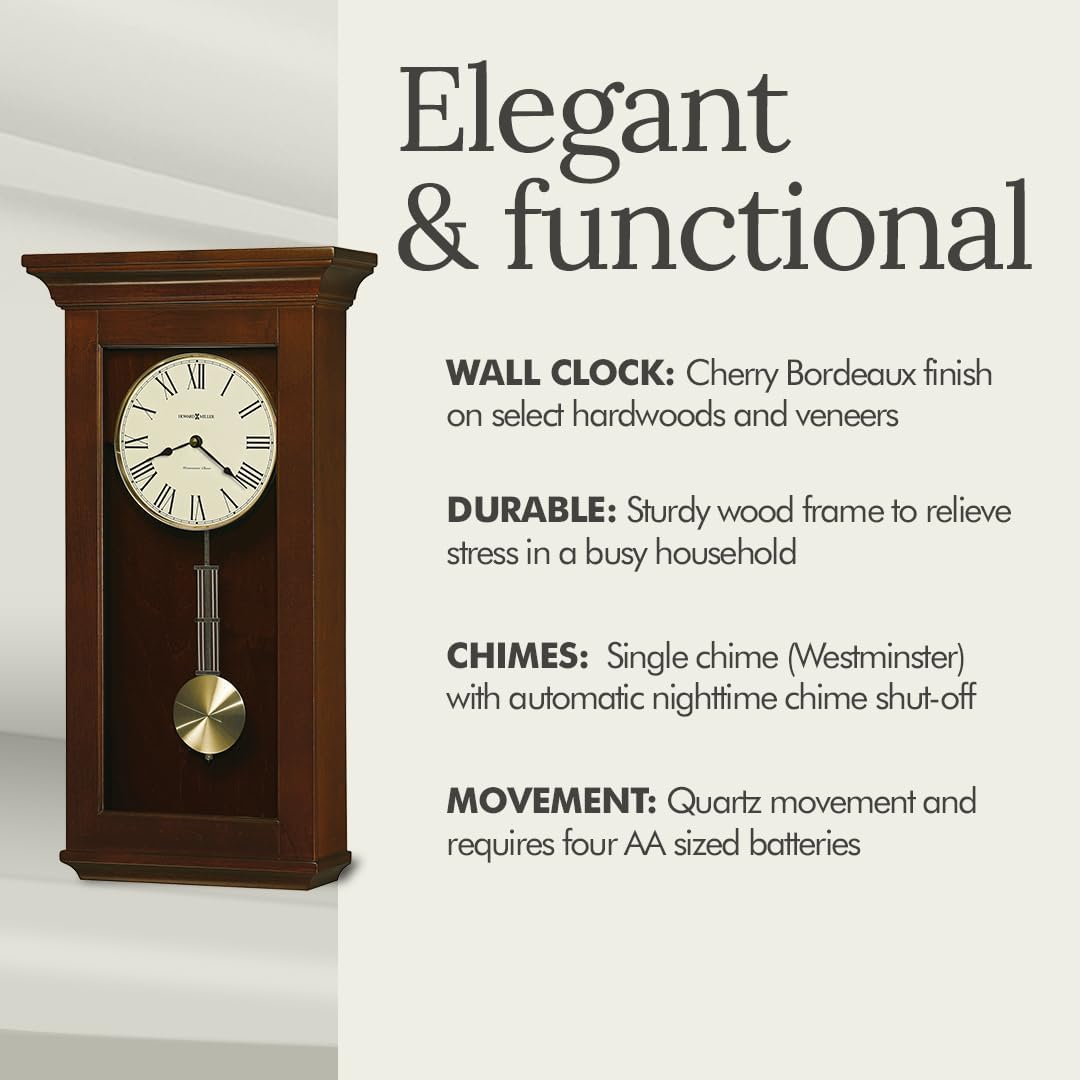 Howard Miller Continental Wall Clock – Westminster Chime, Brass Pendulum, Roman Numerals, Automatic Night Shutoff, Wood Finish