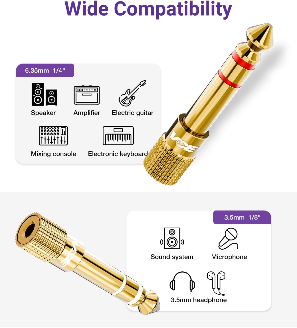 VCE 3.5mm to 1/4 Adapter Stereo Headphone Adapter, 24K Gold-Plated, 2-Pack | Seamless Audio Connection, Premium Sound Fidelity, Secure TRS Connection for Aux Cable, Guitar Amplifier, Headphone
