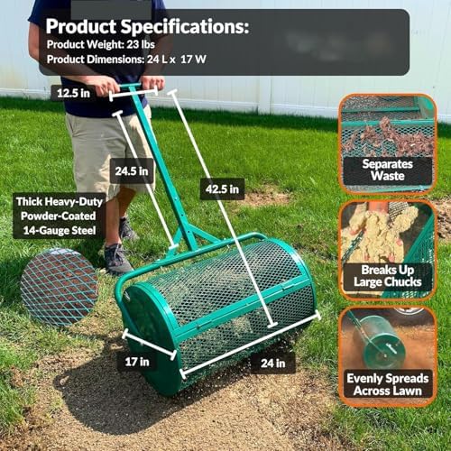 Compost Spreader, 24 Inch Compost and Peat Moss Spreader Roller with T Shaped Handle, Powder-Coated Steel Garden Peat Moss Roller