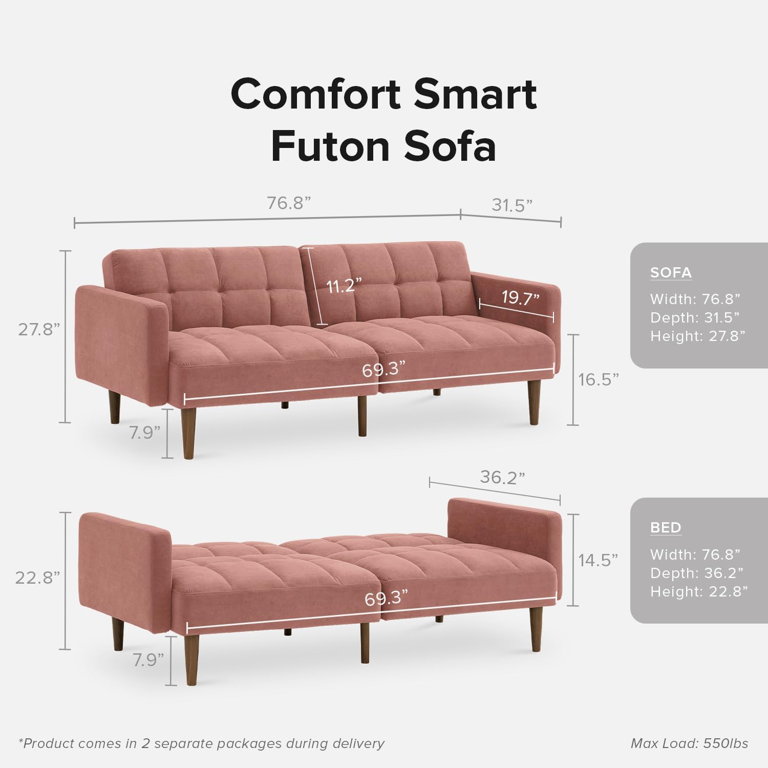 mopio 76.4" Futon Sofa Bed Chevron Styled, Sleeper Couch (Old Rosa Velvet)