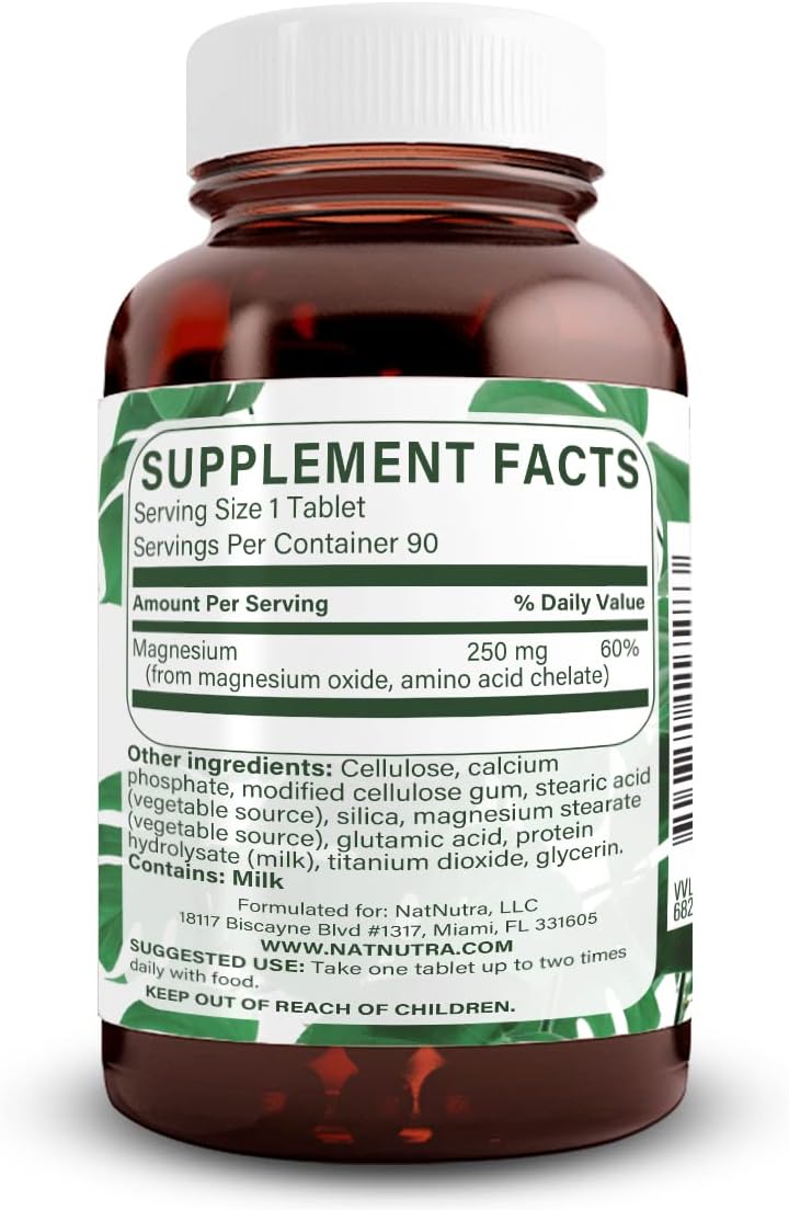 Natural Nutra Chelated Magnesium Oxide 250 mg - High Absorption for Strong Bones, Heart Health, Dental Health, Energy Boost, Gluten-Free, Non-GMO, 180 Tablets in BPA-Free Recyclable Glass Bottles