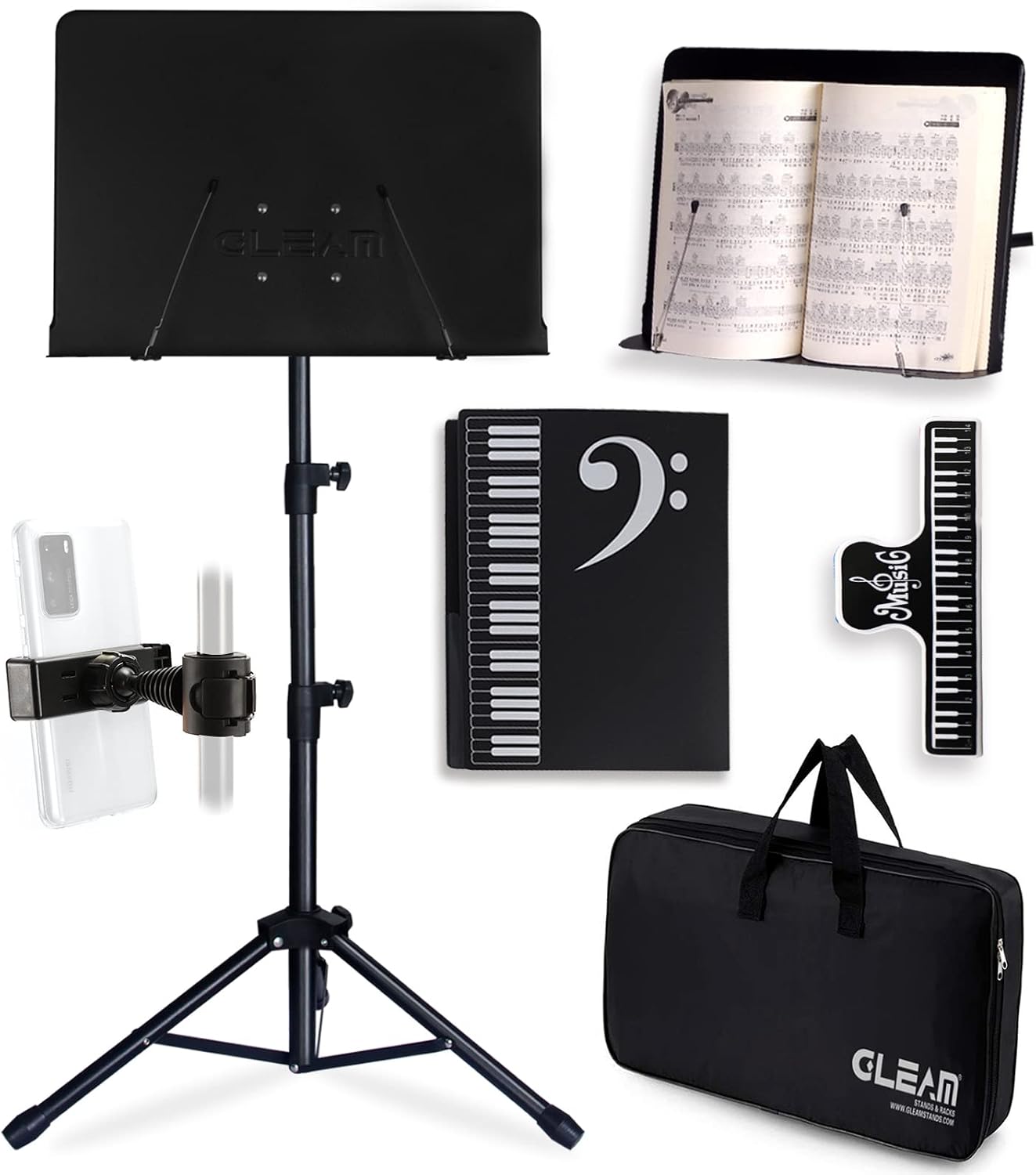 Sheet Music Stand - Full Metal with Carrying Bag, Phone Holder, Sheet Music Folder and Clip, 5 in 1 Desktop Book Stand - Black