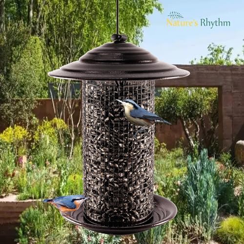 Outdoor Metal Mesh Bird Feeder, Cylindrical Metal Mesh Feeder with Dome Lid Feeder, Holds 2.5lb of Seed, Suitable for Multiple Seeds