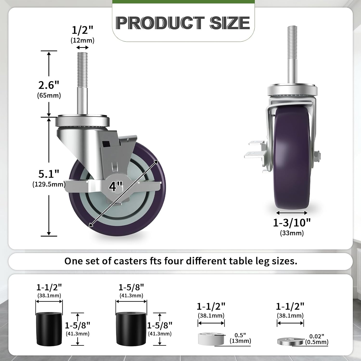 4 Inch Expanding Stem Caster Set of 4 for Stainless Steel Table
