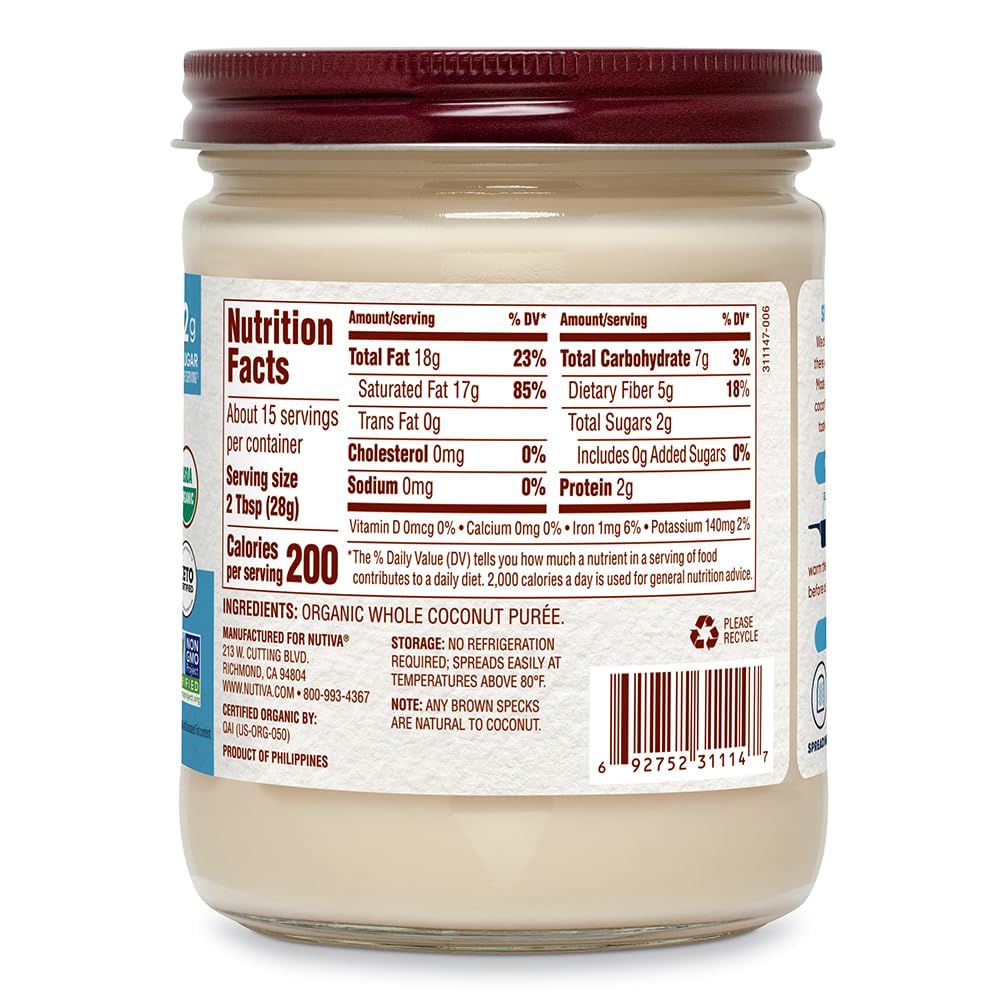 Nutiva Organic Coconut Manna Puréed Coconut Butter, 15 Oz, USDA Organic, Non-GMO, Vegan, Gluten-Free & Keto, Creamy Spread for Smoothies, Oatmeal
