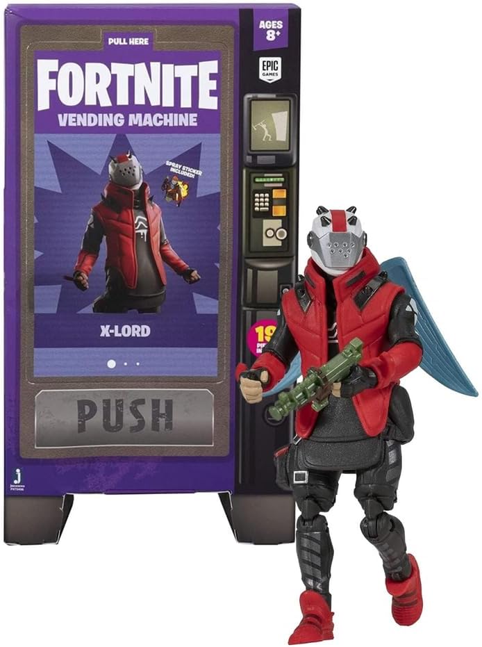 Fortnite Vending Machine, Features 4 Inch X-Lord Action Figure, Includes 9 Weapons, 4 Back Bling, and 4 Building Material Pieces