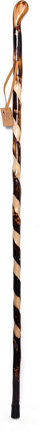 FOREST PILOT Handcrafted Nature Wood Hiking Stick 55 Inches Long - with Hand Strap and Rubber Tip Cover - Transparent Waterproof Painting Coating