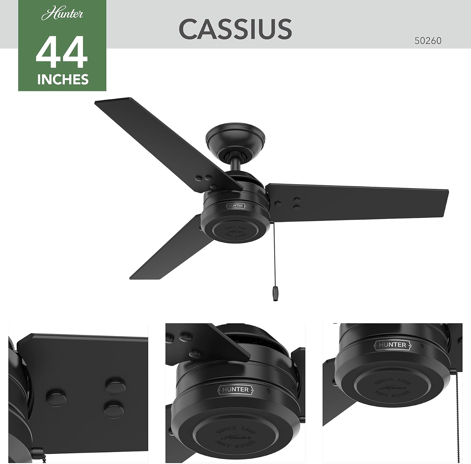 Hunter Cassius, Outdoor or Indoor, Ceiling Fan, 44 inch, Matte Black