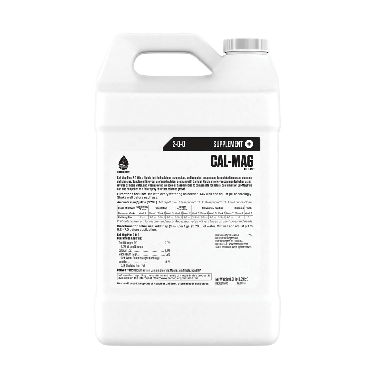 Botanicare Cal-Mag Plus, A Calcium, Magnesium, and Iron Plant Supplement, Corrects Common Plant Deficiencies, Add to Water or Use as a Spray, 2-0-0 NPK, 1-Gallon