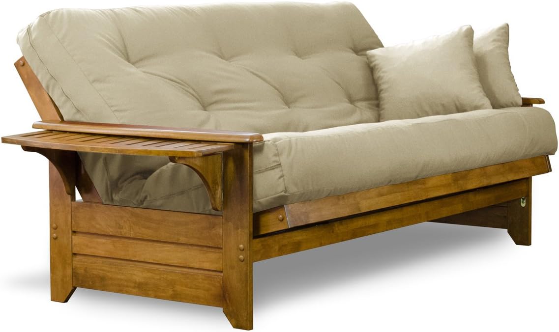 Brentwood Tray Arm Futon Sofabed Set - Queen Frame, 8" Microfiber Fudge Mattress, Heritage Finish