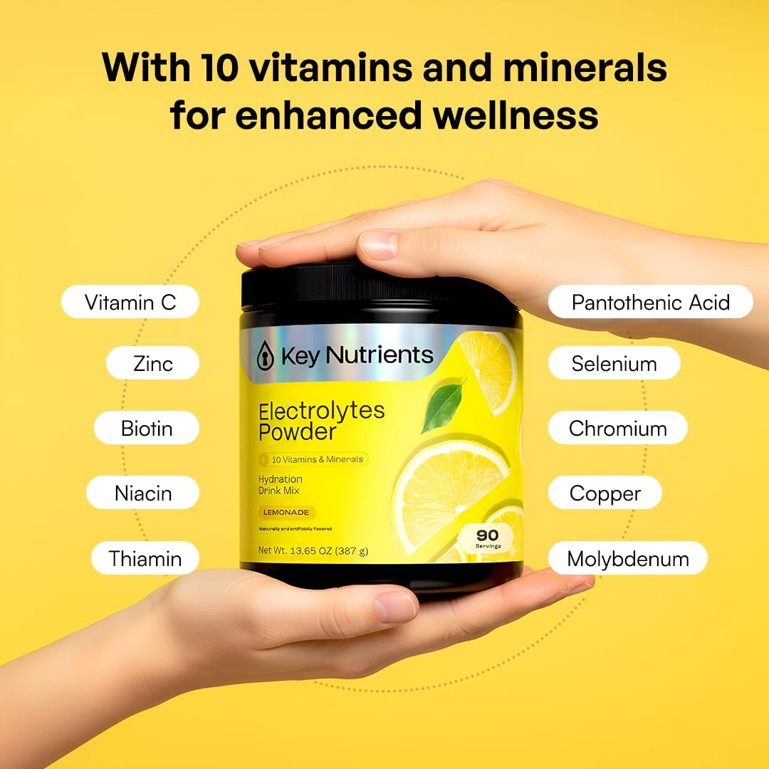 KEY NUTRIENTS Potassium Multivitamin Electrolytes Powder, Lemonade, 90 Serv | Multivitamin Electrolytes Powder, Refreshing Lemonade, Sugar Free, Sodium & Potassium Supplement, No Calories, Made in USA
