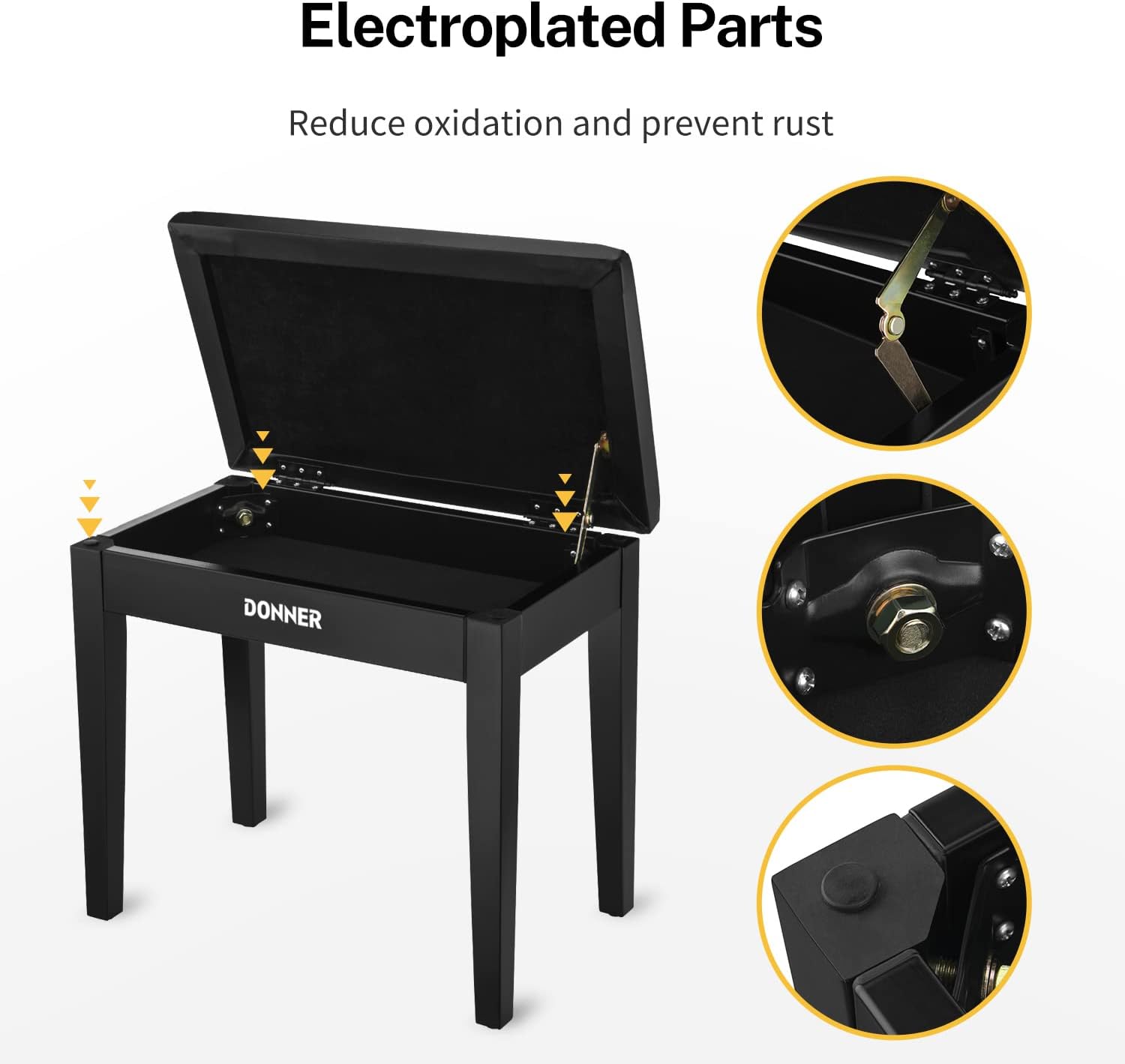 Donner Piano Bench with Storage, Solid Wood Keyboard Bench Piano Bookcase Stool Chair Seat with High-Density Sponges Pad, Black
