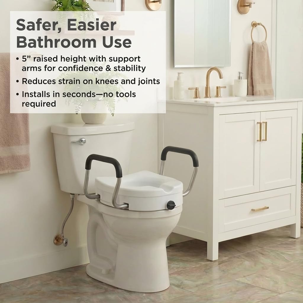 NOVA Toilet Seat Riser with Arms – Adds 5” Height, Raised Toilet Seat with ON/Off Front Lock, Adjustable & Removable Padded Arms (17.75”–20”), 300 lb Capacity, Safety Aid for Seniors