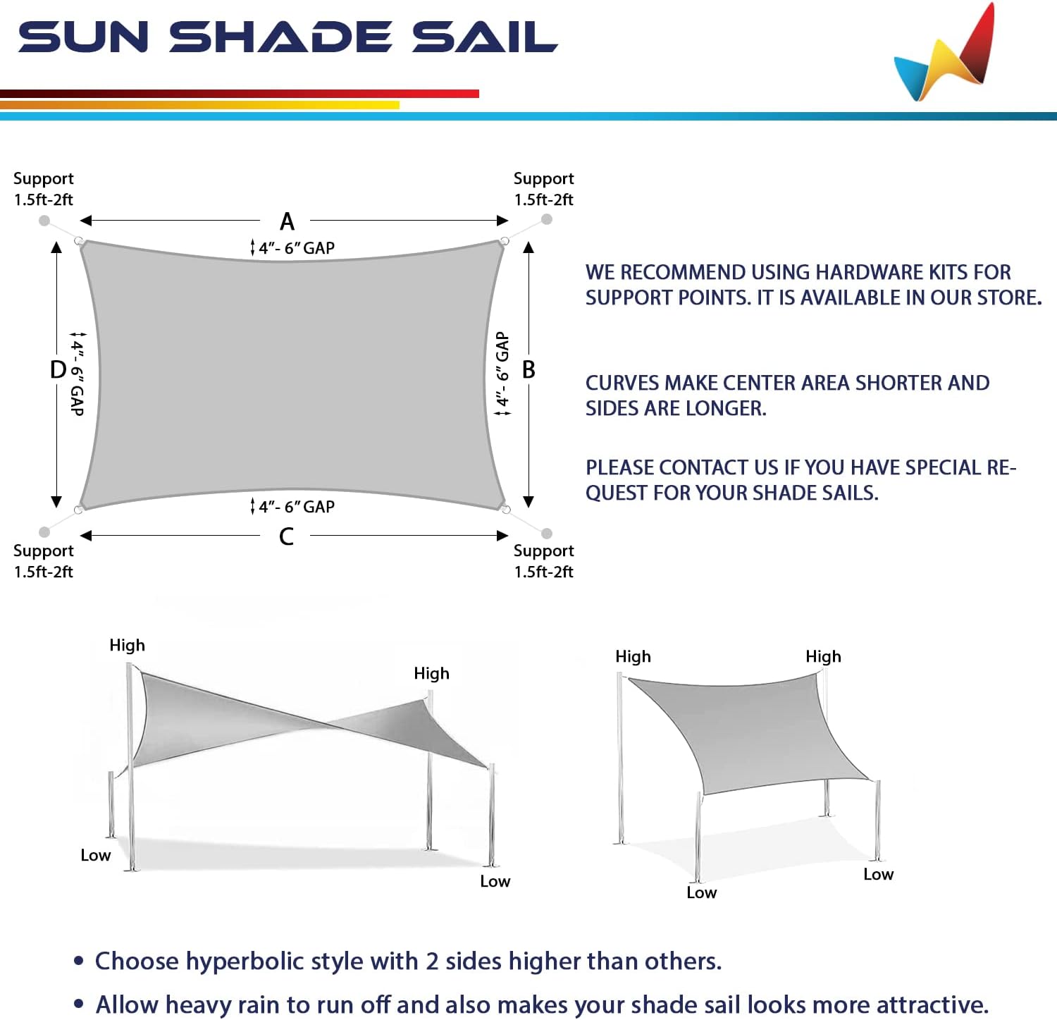 Windscreen4less 8' x 10' Sun Shade Sail Rectangle Outdoor Canopy Cover UV Block for Backyard Porch Pergola Deck Garden Patio (Gray)